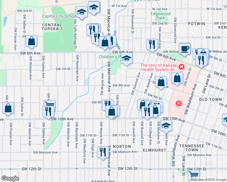 map of restaurants, bars, coffee shops, grocery stores, and more near 828 Southwest Macvicar Avenue in Topeka