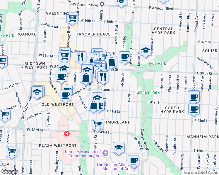 map of restaurants, bars, coffee shops, grocery stores, and more near 4000 Warwick Boulevard in Kansas City