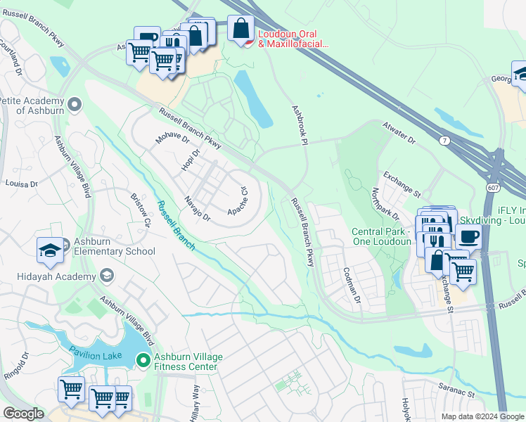 map of restaurants, bars, coffee shops, grocery stores, and more near 44333 Navajo Drive in Ashburn