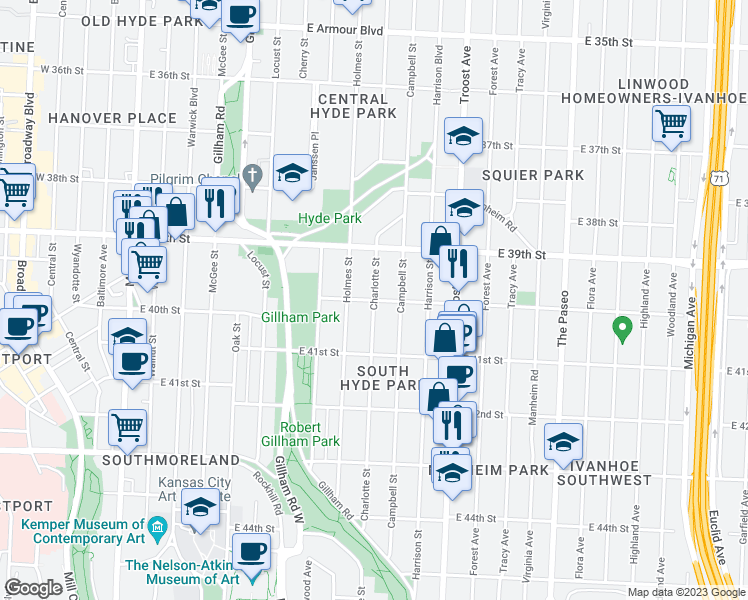 map of restaurants, bars, coffee shops, grocery stores, and more near Charlotte St & E 40 St in Kansas City