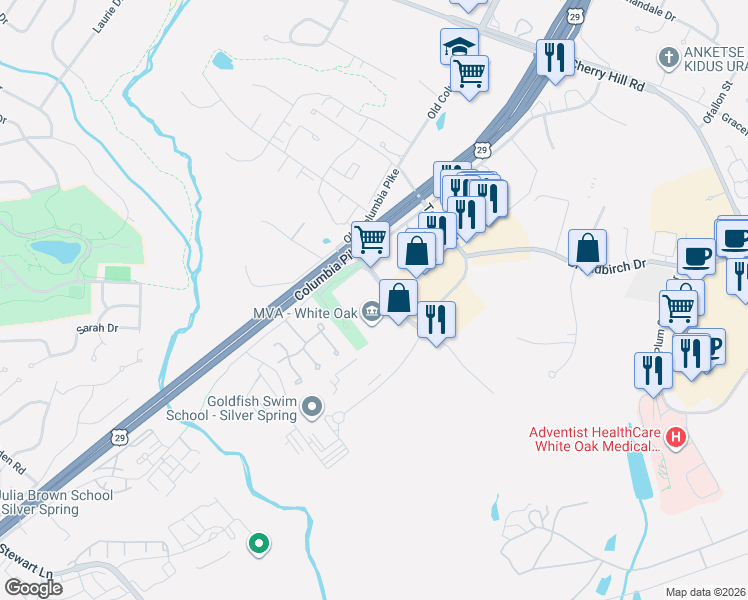 map of restaurants, bars, coffee shops, grocery stores, and more near 2121 Industrial Parkway in Silver Spring