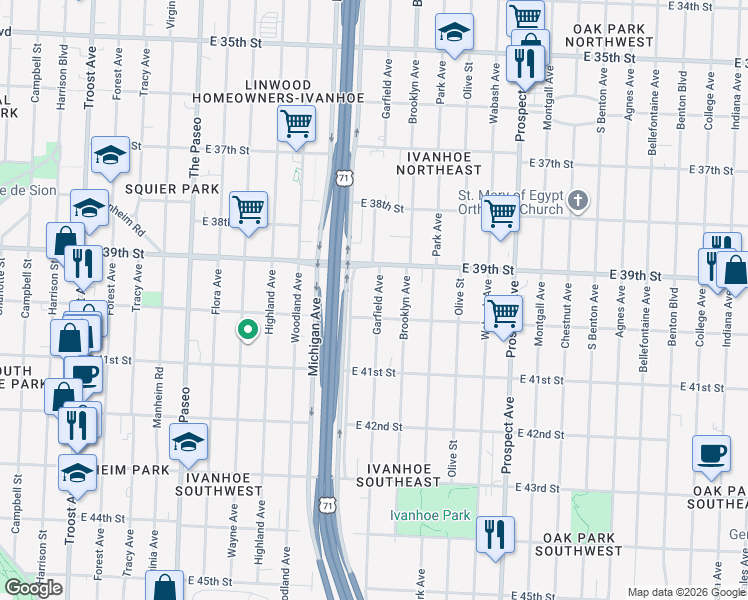 map of restaurants, bars, coffee shops, grocery stores, and more near 2006 East 40th Street in Kansas City