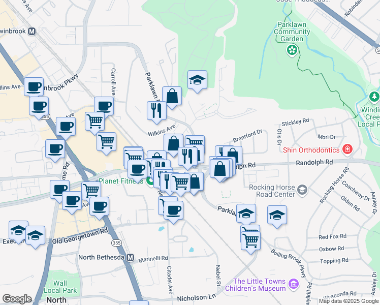 map of restaurants, bars, coffee shops, grocery stores, and more near 12030 Parklawn Drive in Rockville