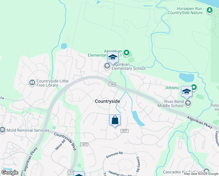 map of restaurants, bars, coffee shops, grocery stores, and more near 8 Foxmore Court in Sterling