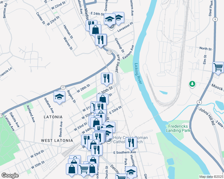 map of restaurants, bars, coffee shops, grocery stores, and more near 115 East 31st Street in Covington