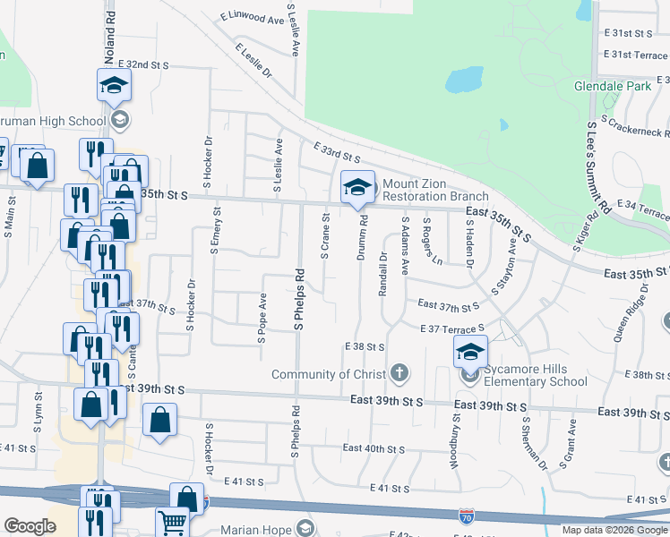 map of restaurants, bars, coffee shops, grocery stores, and more near in Independence