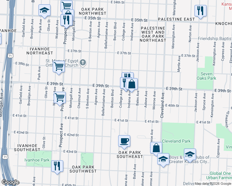 map of restaurants, bars, coffee shops, grocery stores, and more near 3933 Benton Boulevard in Kansas City