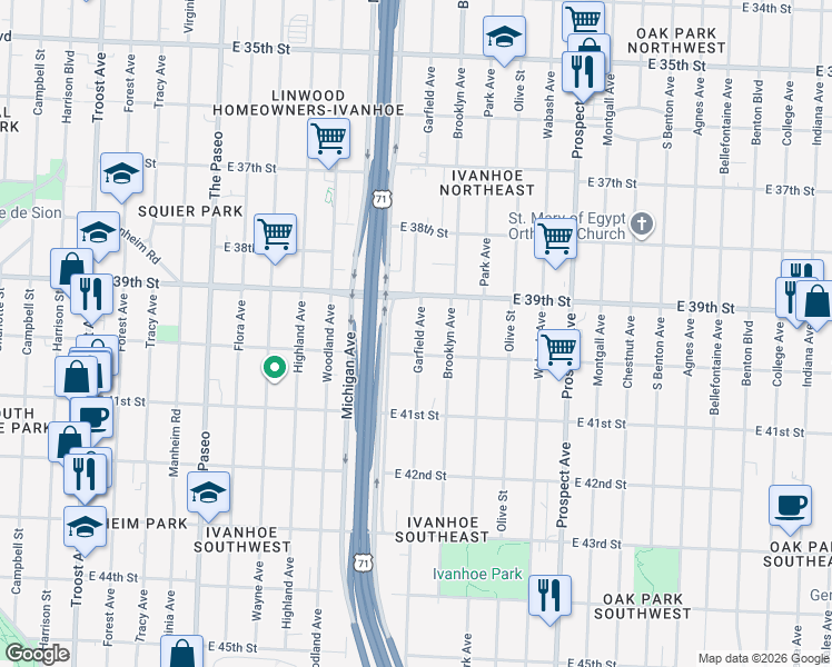 map of restaurants, bars, coffee shops, grocery stores, and more near 2006 East 40th Street in Kansas City