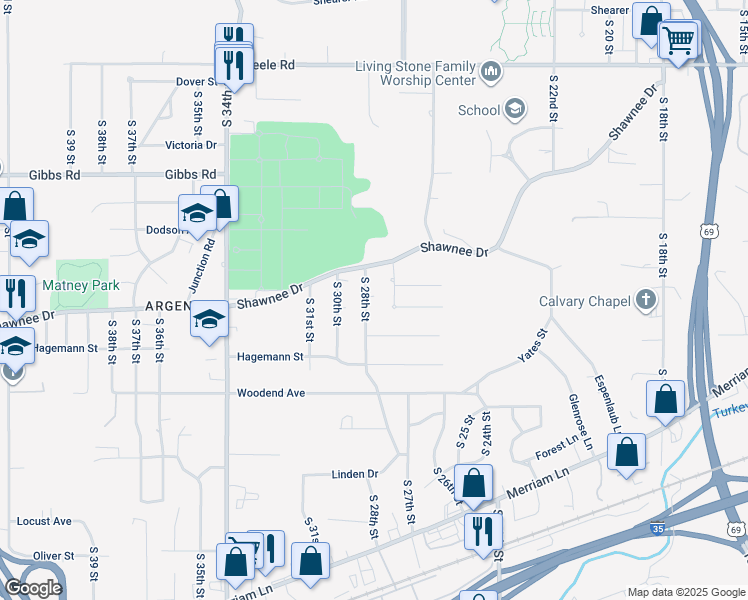 map of restaurants, bars, coffee shops, grocery stores, and more near 2626 South 28th Street in Kansas City