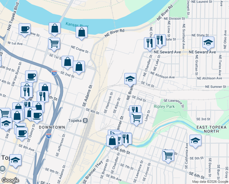 map of restaurants, bars, coffee shops, grocery stores, and more near 212 Southeast Hancock Street in Topeka