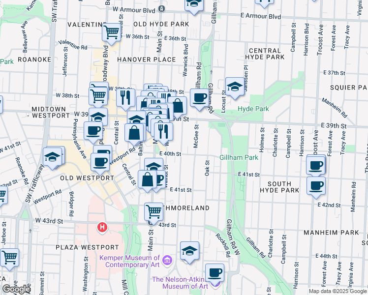 map of restaurants, bars, coffee shops, grocery stores, and more near 3955 Warwick Boulevard in Kansas City