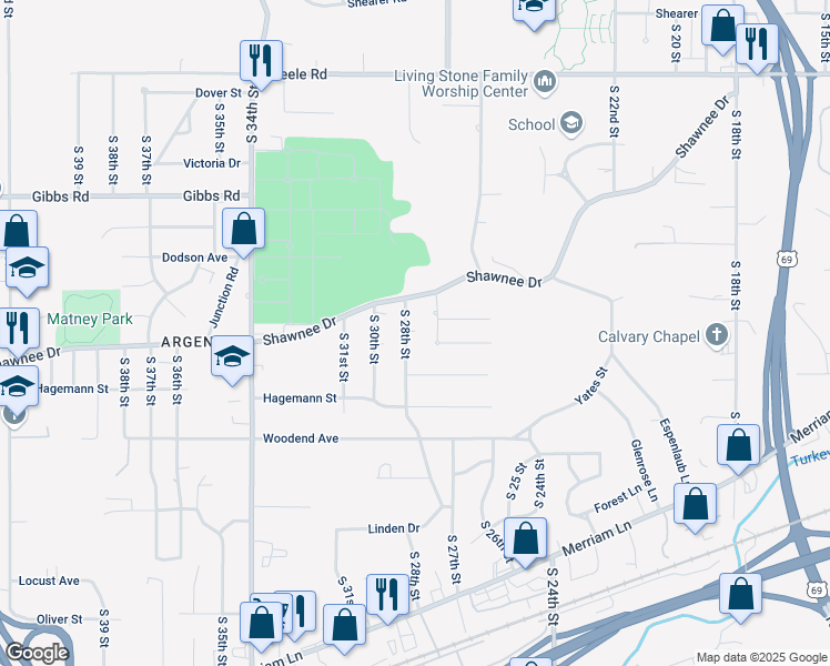 map of restaurants, bars, coffee shops, grocery stores, and more near 2626 South 28th Street in Kansas City