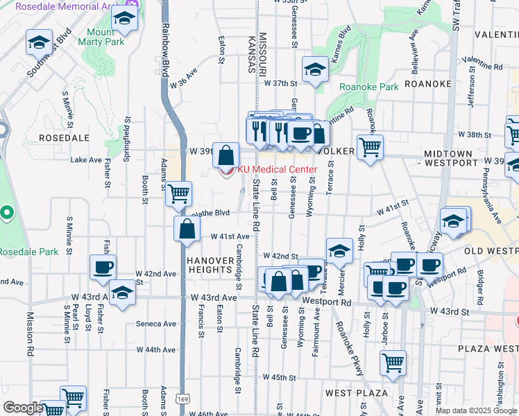 map of restaurants, bars, coffee shops, grocery stores, and more near 4106 Bell Street in Kansas City