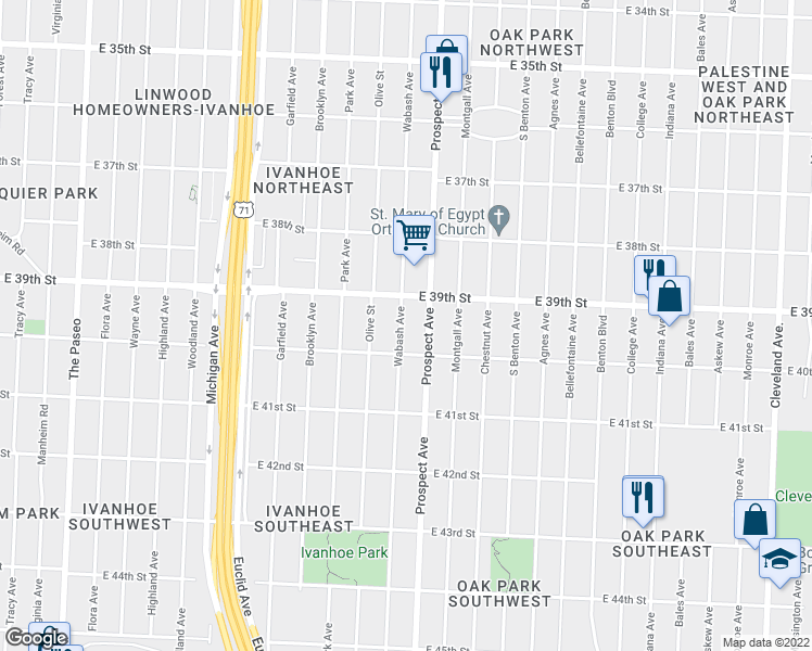 map of restaurants, bars, coffee shops, grocery stores, and more near 3921 Wabash Avenue in Kansas City