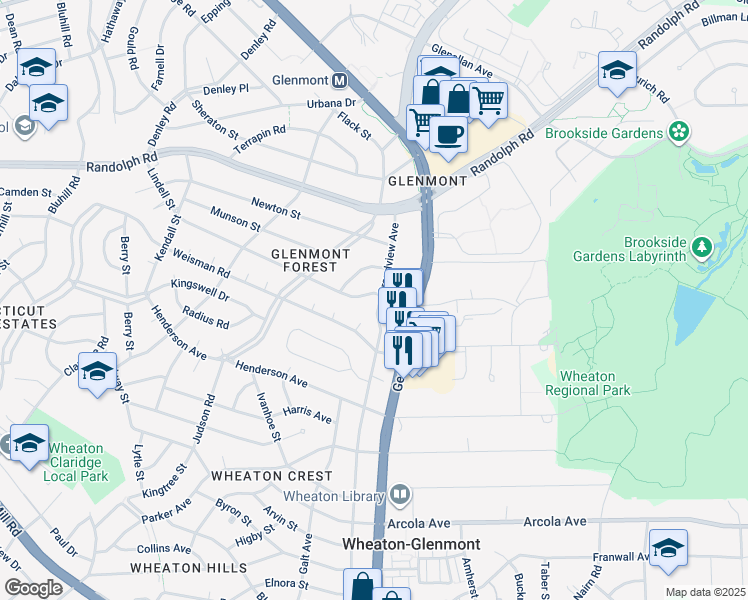 map of restaurants, bars, coffee shops, grocery stores, and more near 12114 Grandview Avenue in Silver Spring
