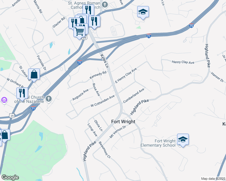 map of restaurants, bars, coffee shops, grocery stores, and more near 7 West Crittenden Avenue in Covington