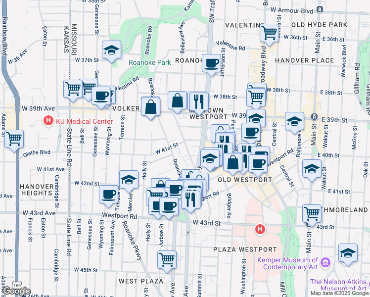 map of restaurants, bars, coffee shops, grocery stores, and more near 4038 Clark Avenue in Kansas City