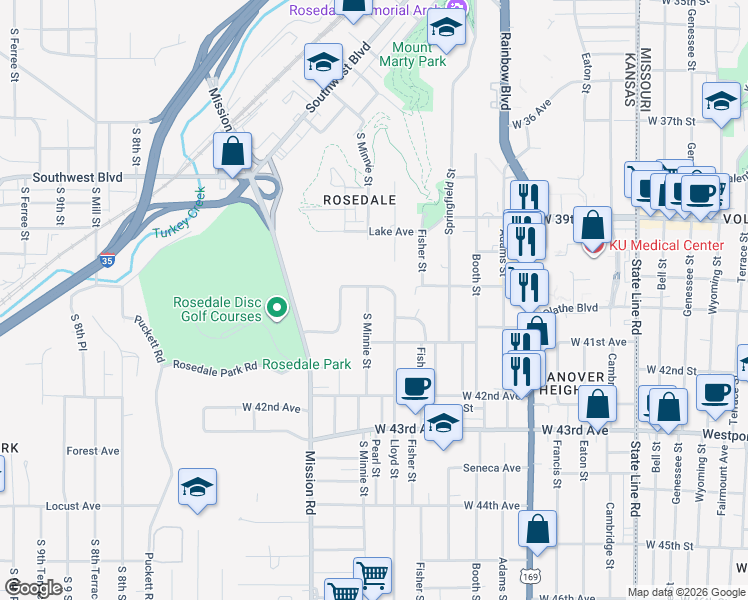 map of restaurants, bars, coffee shops, grocery stores, and more near 4027 South Minnie Street in Kansas City