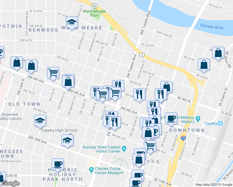map of restaurants, bars, coffee shops, grocery stores, and more near 525 Southwest Topeka Boulevard in Topeka