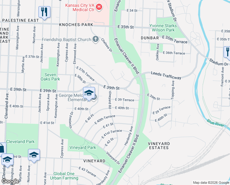 map of restaurants, bars, coffee shops, grocery stores, and more near 5110 East 39 Terrace in Kansas City