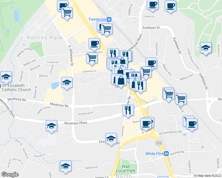 map of restaurants, bars, coffee shops, grocery stores, and more near 12030 Chase Crossing Circle in North Bethesda