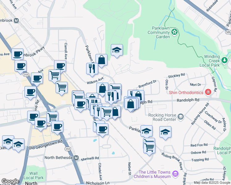 map of restaurants, bars, coffee shops, grocery stores, and more near 11850 Parklawn Drive in Rockville