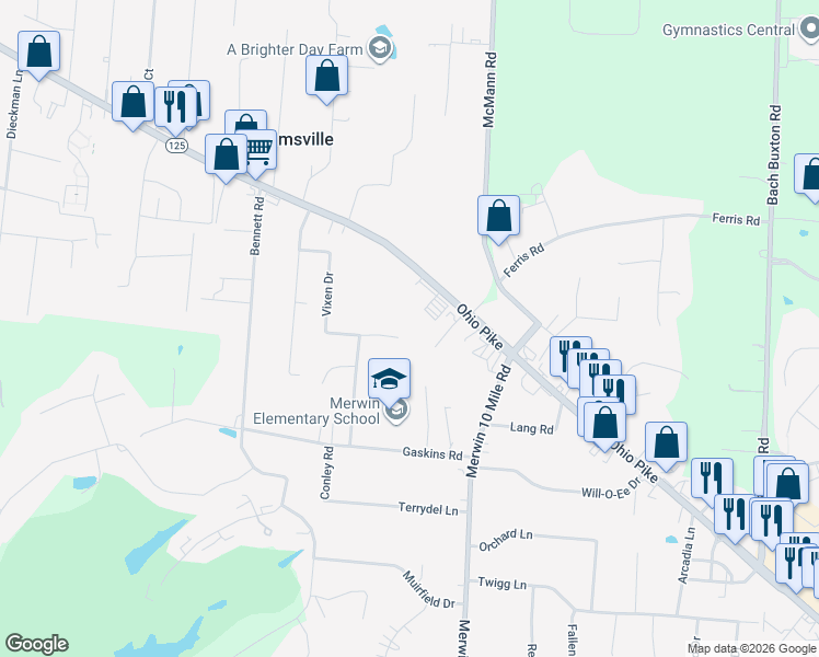 map of restaurants, bars, coffee shops, grocery stores, and more near 1035 Vixen Drive in Cincinnati