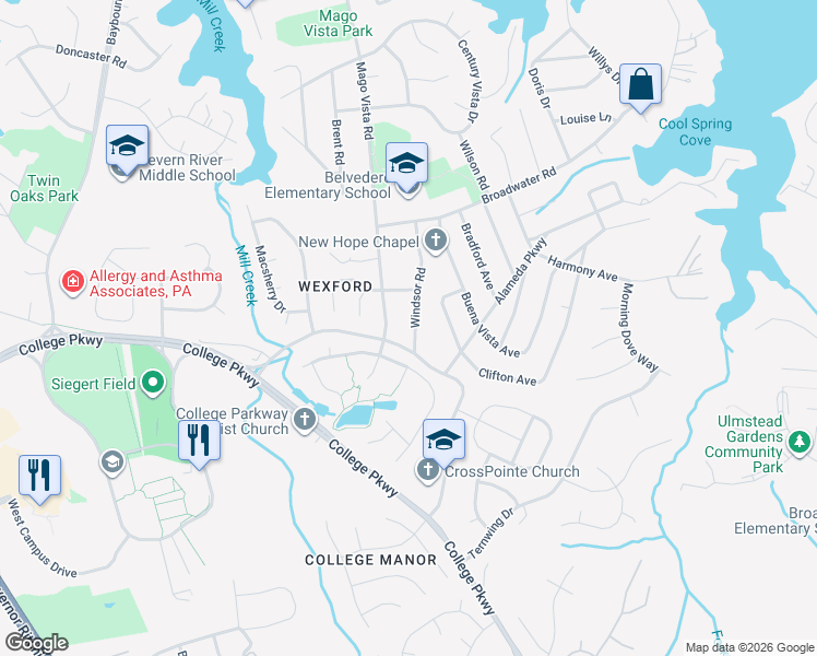 map of restaurants, bars, coffee shops, grocery stores, and more near 825 Windsor Road in Arnold
