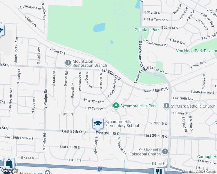 map of restaurants, bars, coffee shops, grocery stores, and more near 3609 Woodbury Street in Independence