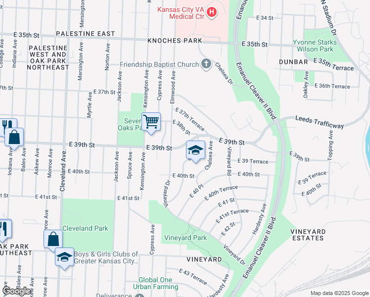 map of restaurants, bars, coffee shops, grocery stores, and more near 3915 Elmwood Avenue in Kansas City