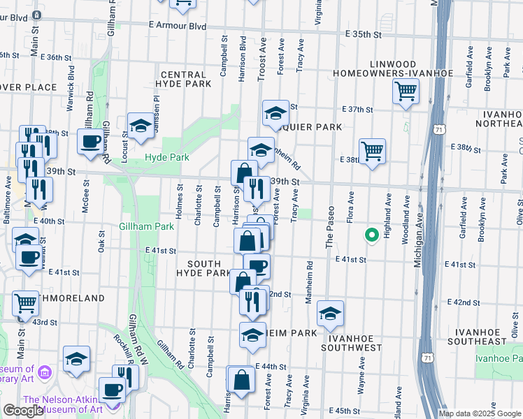 map of restaurants, bars, coffee shops, grocery stores, and more near 4001 Troost Avenue in Kansas City