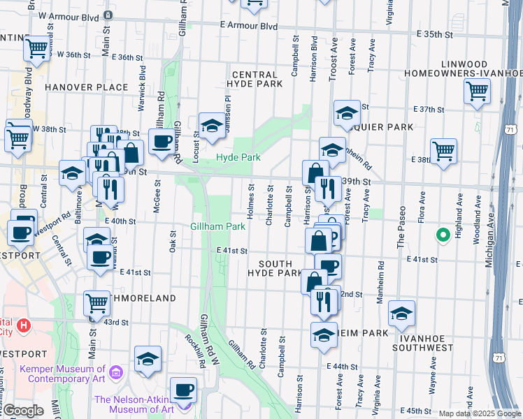 map of restaurants, bars, coffee shops, grocery stores, and more near 4013 Holmes Street in Kansas City