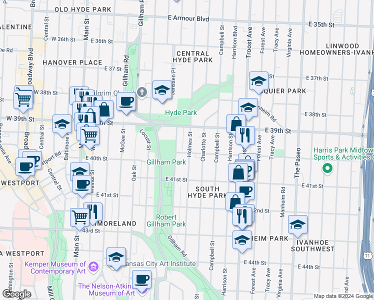 map of restaurants, bars, coffee shops, grocery stores, and more near 4013 Holmes Street in Kansas City
