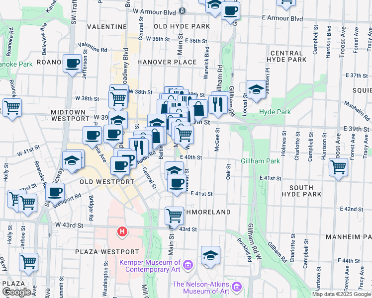 map of restaurants, bars, coffee shops, grocery stores, and more near 11 East 40th Street in Kansas City