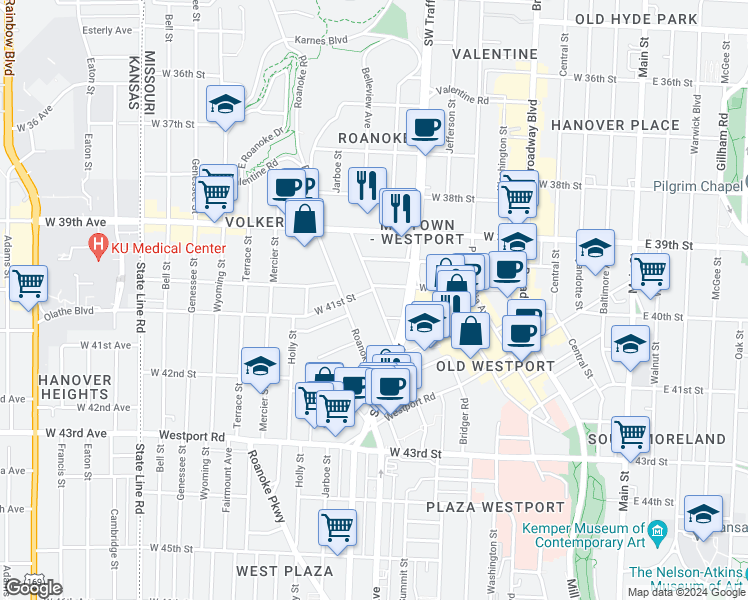 map of restaurants, bars, coffee shops, grocery stores, and more near 4038 Clark Avenue in Kansas City