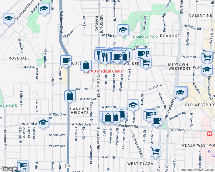 map of restaurants, bars, coffee shops, grocery stores, and more near 4106 Bell Street in Kansas City