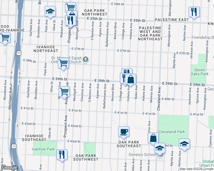 map of restaurants, bars, coffee shops, grocery stores, and more near 3932 Bellefontaine Avenue in Kansas City