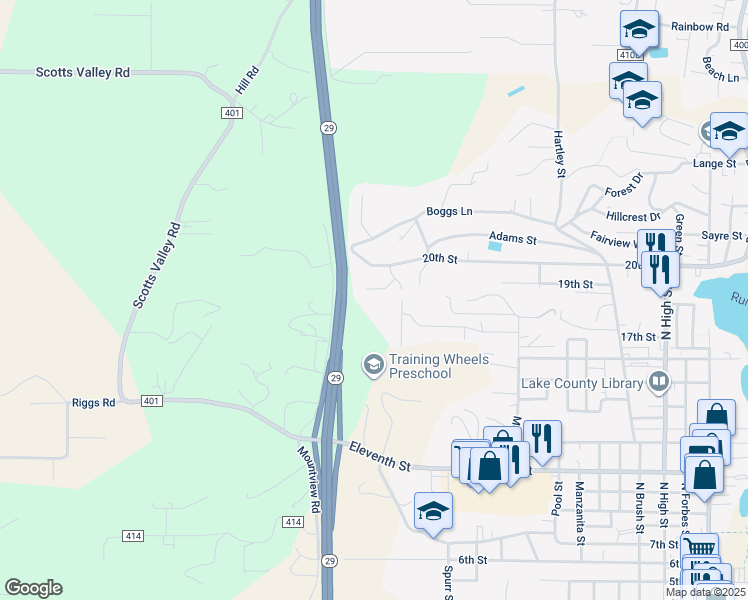 map of restaurants, bars, coffee shops, grocery stores, and more near 1425 Wild Oak Court in Lakeport