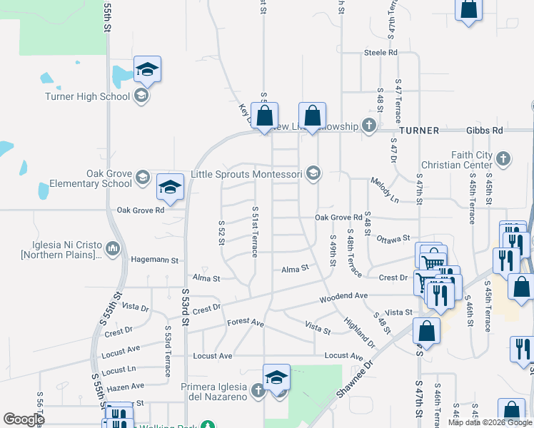 map of restaurants, bars, coffee shops, grocery stores, and more near 5030 Ottawa Street in Kansas City
