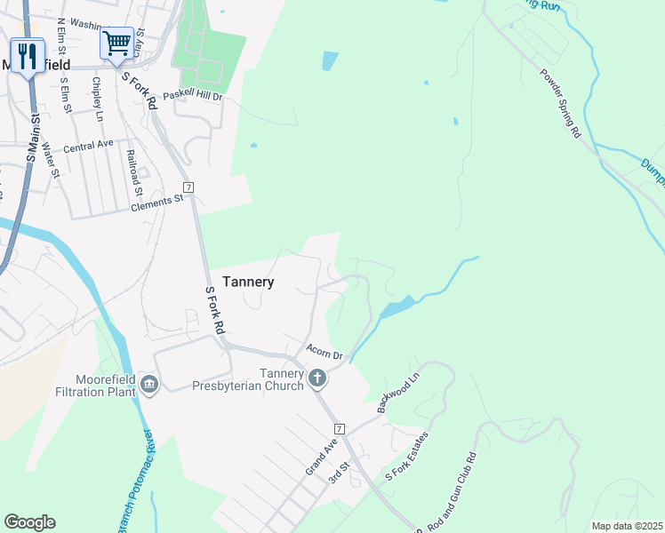 map of restaurants, bars, coffee shops, grocery stores, and more near 255 Tannery Hollow Road in Moorefield