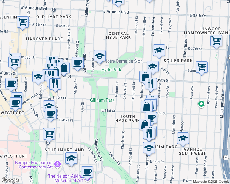 map of restaurants, bars, coffee shops, grocery stores, and more near 4013 Holmes Street in Kansas City