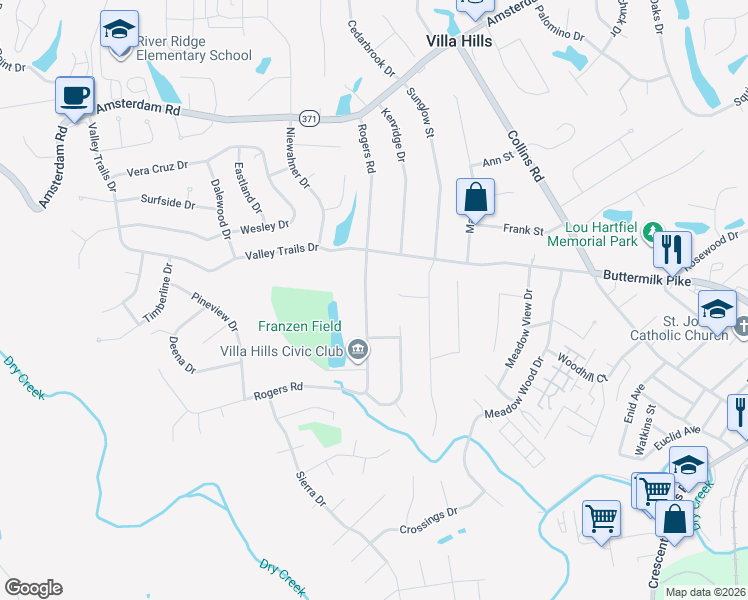 map of restaurants, bars, coffee shops, grocery stores, and more near 764 Rogers Road in Villa Hills