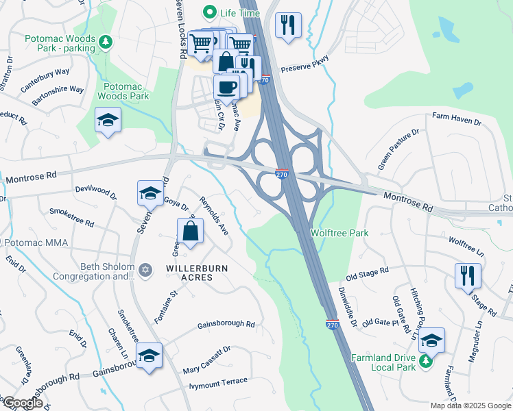 map of restaurants, bars, coffee shops, grocery stores, and more near 12262 Greenleaf Avenue in Potomac
