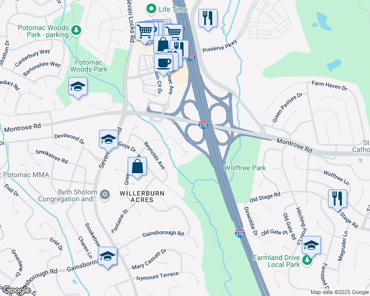 map of restaurants, bars, coffee shops, grocery stores, and more near 12262 Greenleaf Avenue in Rockville