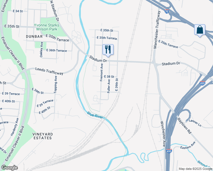 map of restaurants, bars, coffee shops, grocery stores, and more near 3808 Fuller Avenue in Kansas City