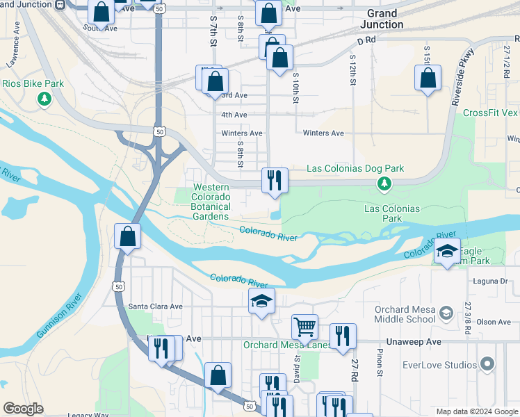 map of restaurants, bars, coffee shops, grocery stores, and more near 836 Struthers Avenue in Grand Junction