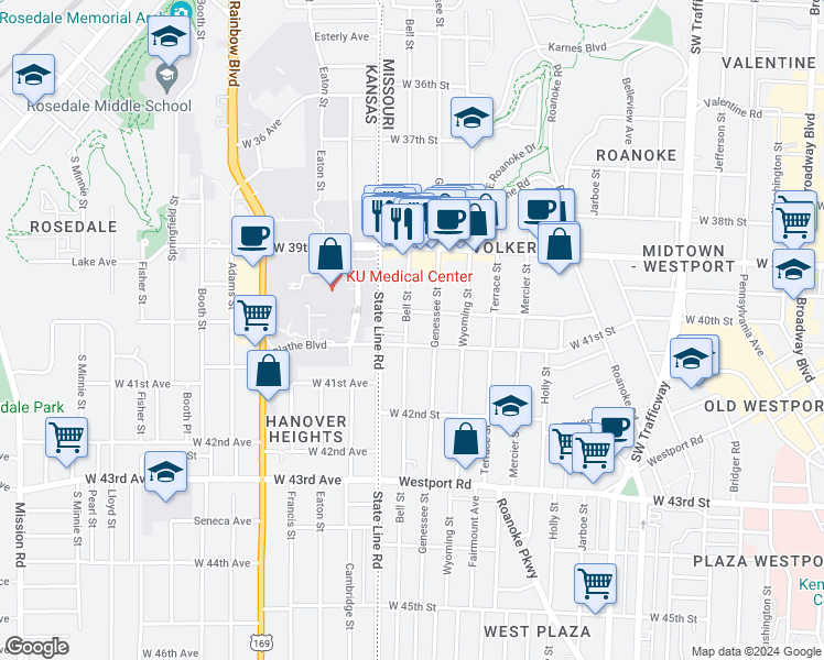 map of restaurants, bars, coffee shops, grocery stores, and more near 3950 Bell Street in Kansas City