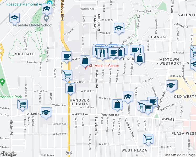 map of restaurants, bars, coffee shops, grocery stores, and more near 3950 Bell Street in Kansas City