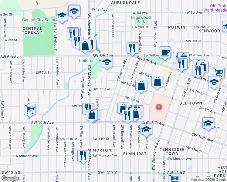 map of restaurants, bars, coffee shops, grocery stores, and more near 2222 Southwest Wilmington Court in Topeka
