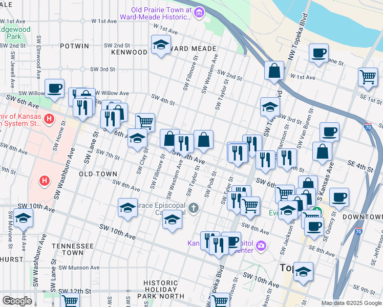 map of restaurants, bars, coffee shops, grocery stores, and more near 812 Southwest 6th Avenue in Topeka